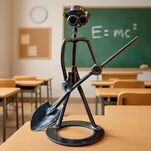 Metal Stick Figure Desk Sculpture with Shovel, Desktop Decor,